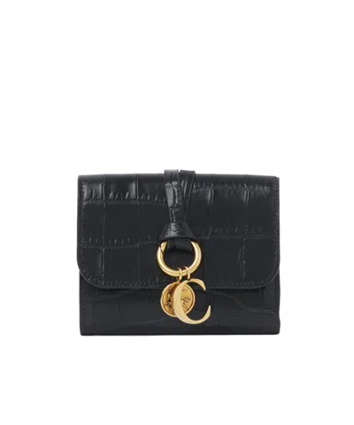 Chloé Small Alphabet Tri-fold In Croco-effect Leather In Black