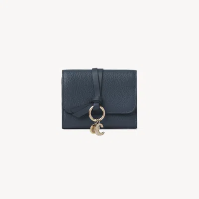 Chloé Small Alphabet Tri-fold In Grained Leather Blue Size Onesize 100% Calf-skin Leather