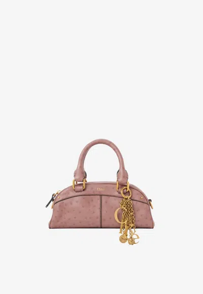 Chloé Small Bowling Shoulder Bag In Ostrich-effect Leather In Pink