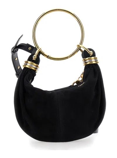 Chloé 'small Bracelet' Black Handbag With Ring Handle And Lettering Logo In Suede Woman In Multicolor