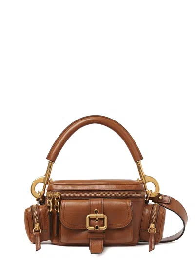 Chloé Small Double Carry Leather Bag With Multipocket Detail In Earth