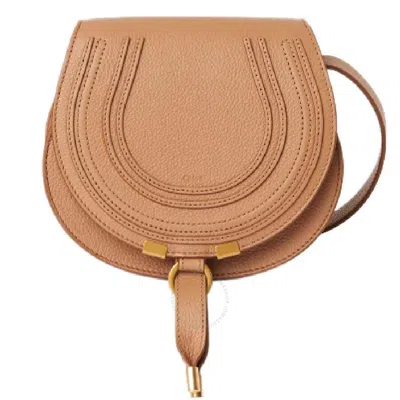 Chloé Marcie Small Leather Shoulder Bag With Logo Engraving In Tan