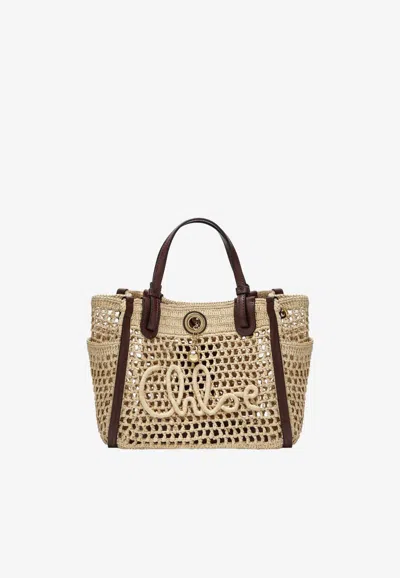 Chloé Small Iconic Tote Bag In Raffia And Leather In Sand