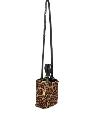Chloé Small Leopard-print Shearling Bucket Bag In Brown
