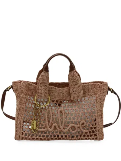 Chloé Small Logo-embroidered Raffia Tote Bag In Brown