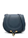 Chloé Marcie Small Leather Shoulder Bag With Logo Engraving In Blue