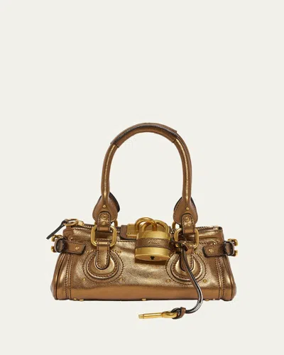 Chloé Small Paddington Padlock Shoulder Bag In Metallic Leather In Gold