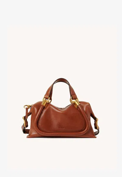 Chloé Small Paraty 24 Top Handle Bag In Shiny Leather In Brown