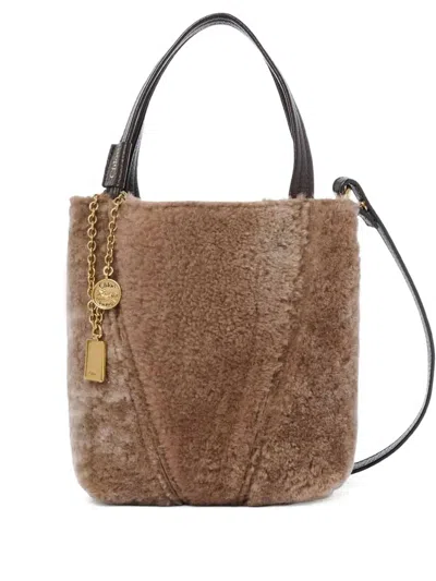 Chloé Spin Embellished Leather-trimmed Shearling Tote In Neutral