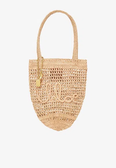 Chloé Small Summer Banana Tote Bag In Raffia In Sand