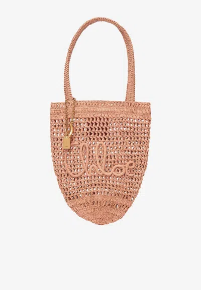 Chloé Small Summer Banana Tote Bag In Raffia In Sand