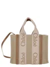 Chloé 'small Woody' Beige Tote Bag With Logo Detail In Linen Woman In Multicolor