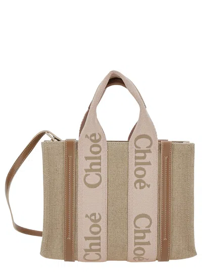 Chloé 'small Woody' Beige Tote Bag With Logo Detail In Linen Woman In Multicolor