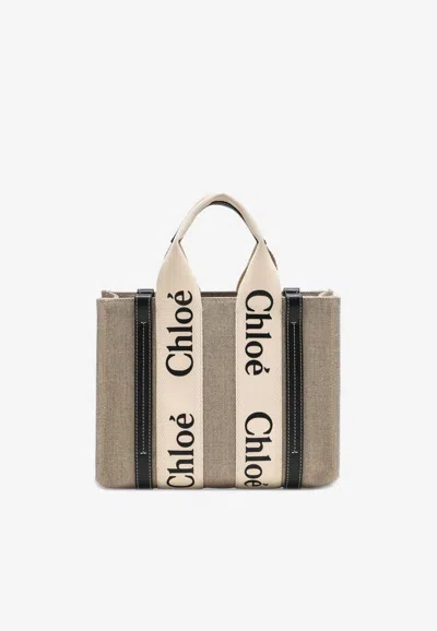 Chloé Small Woody Canvas Tote Bag In Sand