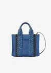 Chloé Small Woody Tote Bag In Denim Blue Size Onesize 100% Cotton, Calf-skin Leather In Denim
