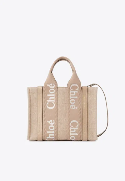 CHLOÉ SMALL WOODY LEATHER AND LINEN TOTE BAG