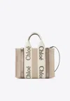 Chloé Small Woody Leather And Linen Tote Bag In Gray