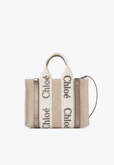 Chloé Small Woody Leather And Linen Tote Bag In Gray