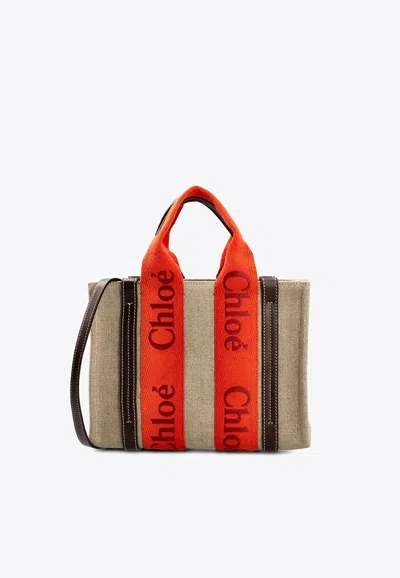 Chloé Small Woody Linen Tote Bag In Beige