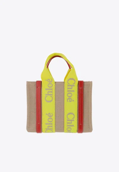 Chloé Small Woody Linen Tote Bag In Beige