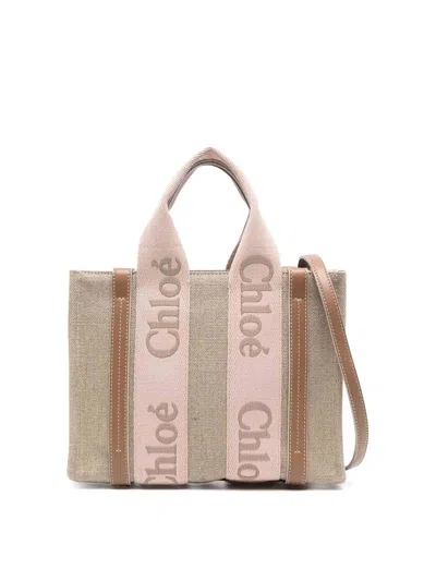 Chloé Small Woody Linen Tote Bag In Sand
