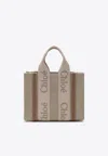 Chloé Small Woody Linen Tote Bag In Sand