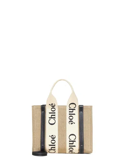 Chloé Small Woody Linen Tote Bag In Sand
