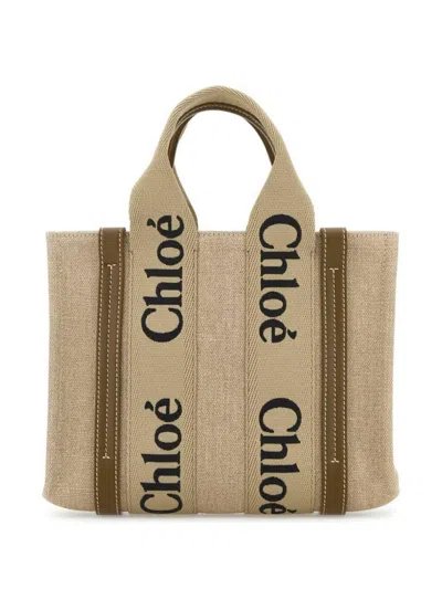 Chloé Small Woody Linen Tote Bags In Beige