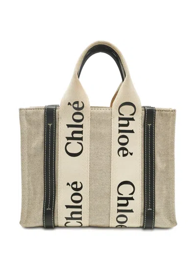 Pre-owned Chloé Small Woody Logo-printed Tote Bag In Neutral