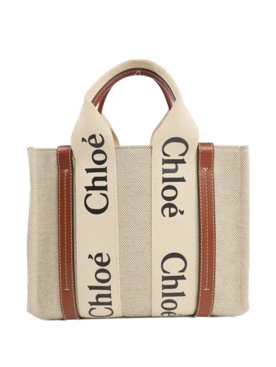 Pre-owned Chloé Small Woody Logo-print Tote Bag In Neutral