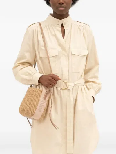 Chloé Small Woody Logo-tape Woven Bucket Bag In Brown