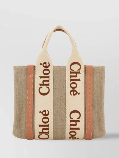 Chloé Small Woody Shopping Bag In Multicolor Linen In Neutral