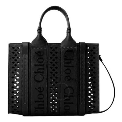 Chloé Piccola Woody Black Tote Bag With Perforated Edges And Logo In Grained Leather Woman
