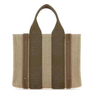 Chloé Woody Small Tote Bag In Dark Nut Linen In Brown