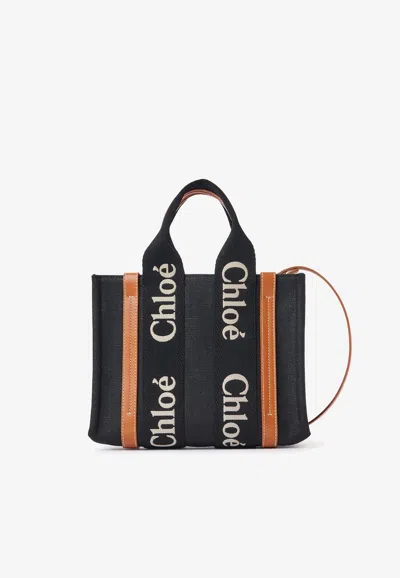 Chloé Petit Sac Cabas Woody En Toile De Lin Femme Noir Taille Onesize 100% Lin In Black