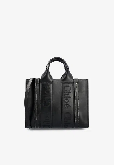 Chloé Small Woody Tote Bag In Calf Leather In Black
