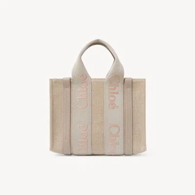 Chloé Small Woody Tote Bag In Linen Green Size Onesize 100% Linen, Calf-skin Leather