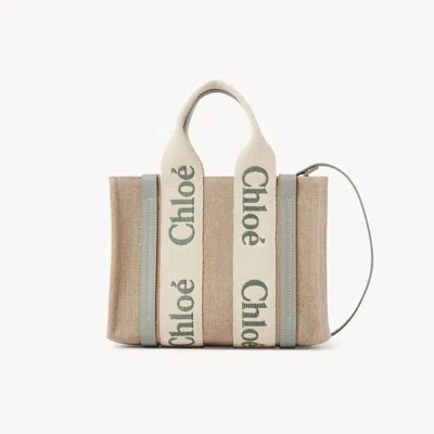 Chloé Small Woody Tote Bag In Linen Green Size Onesize 100% Linen, Calf-skin Leather