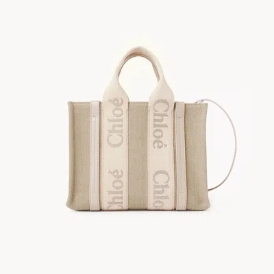 Chloé Petit Sac Cabas Woody En Toile De Lin Femme Gris Taille Onesize 100% Lin In Grey