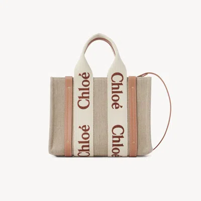 Chloé Small Woody Tote Bag In Linen Orange Size Onesize 100% Linen, Calf-skin Leather
