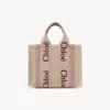 Chloé Small Woody Tote Bag In Linen Pink Size Onesize 100% Linen, Calf-skin Leather In Pink