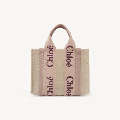 Chloé Small Woody Tote Bag In Linen Pink Size Onesize 100% Linen, Calf-skin Leather In Neutral