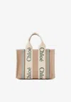 Chloé Small Woody Tote Bag In Linen In Sand