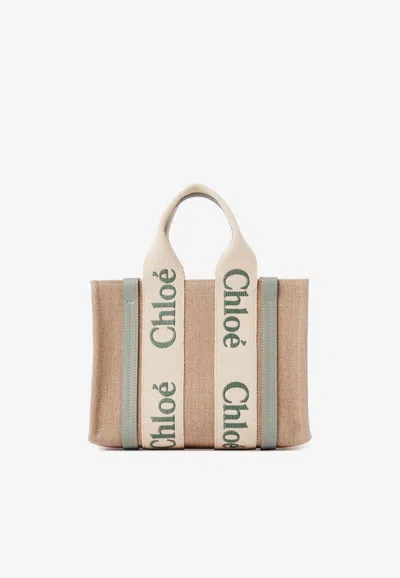 Chloé Small Woody Tote Bag In Linen In Sand