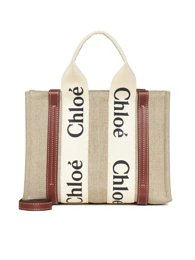 Chloé Small Woody Tote Bag In Linen In Sand