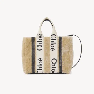 Chloé Small Woody Tote Bag In Shearling Beige Size Onesize 100% Lambskin, Calf-skin Leather In Sand
