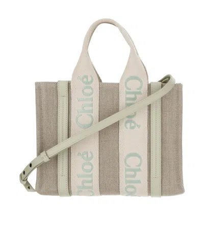 Chloé Woody Linen Small Tote Bag In Nude
