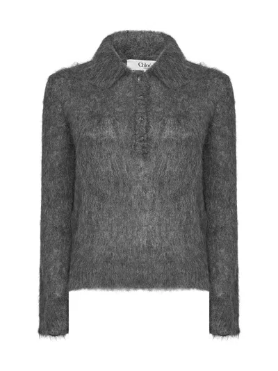 Chloé Smoky Grey Alpaca Blend Brushed Knit Polo Shirt In Gray