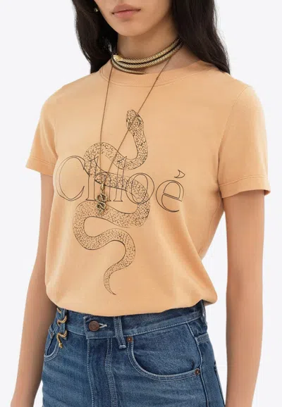 Chloé Printed Cotton-jersey T-shirt In Neutral
