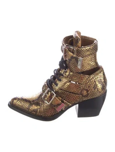 Pre-owned Chloé Snakeskin Animal Print Lace-up Boots In Yellow